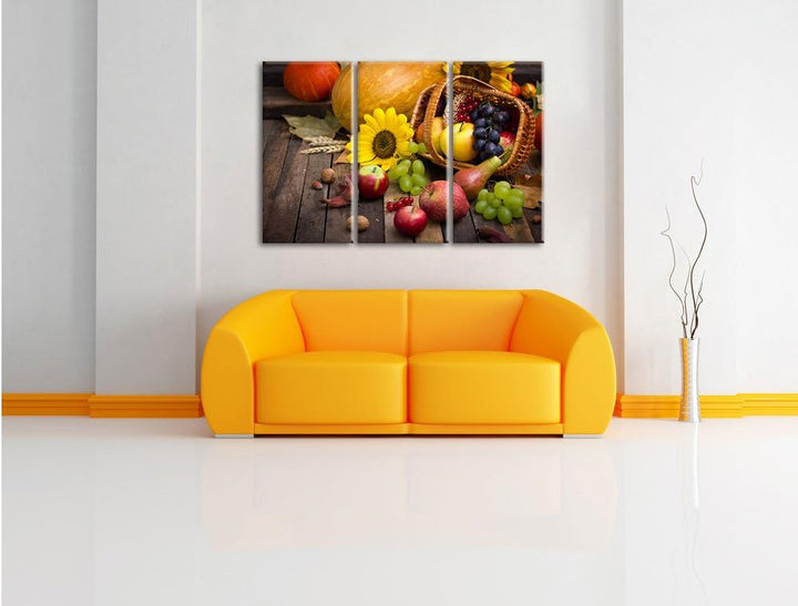 Pixxprint Herbstlicher Obstkorb als Leinwandbild | Grösse: 3 Teilig (120x80) | Wandbild| Kunstdruck