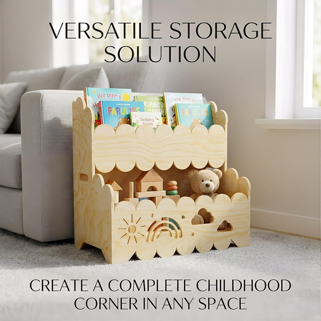 Kinder Bücherregal Holz, 2-Stöckiges Kinderbücherregal Montessori-Bücherregal Bücherkiste Kinder Wol