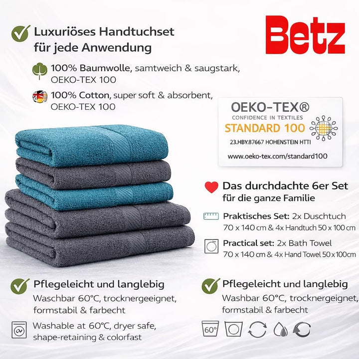 Betz Palermo Handtuch-Set – 6er Handtücher-Set - 2X Liegetücher - 4X Handtücher - 50x100 cm - anthra