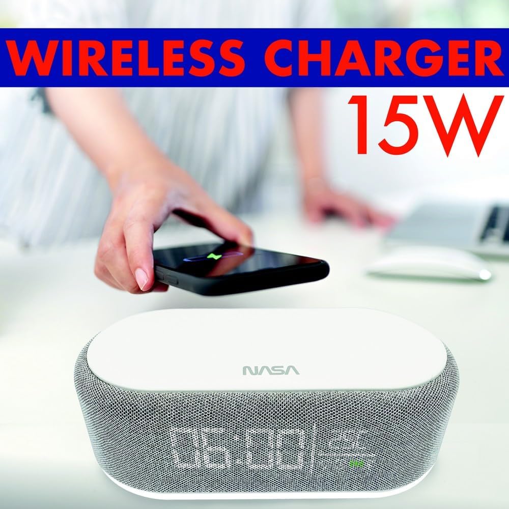 Nasa Wecker SPC400 – Radiowecker, Bluetooth-Lautsprecher, Lautsprecher 5 W x 2, kabelloses Laden 15