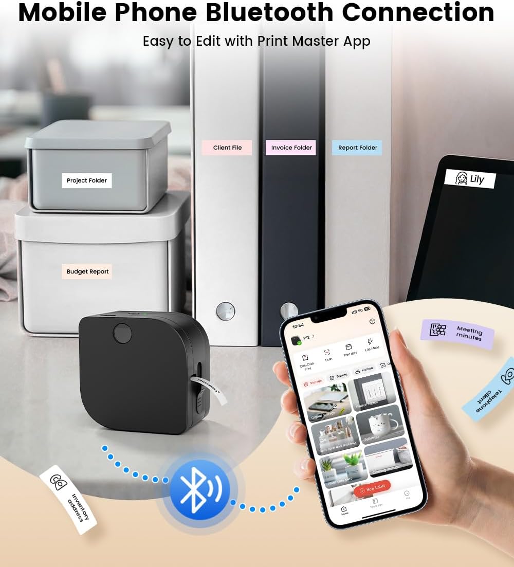 Phomemo P12 Beschriftungsgerät, Mini Etikettendrucker Bluetooth, Etikettiergerät Selbstklebend Kompa