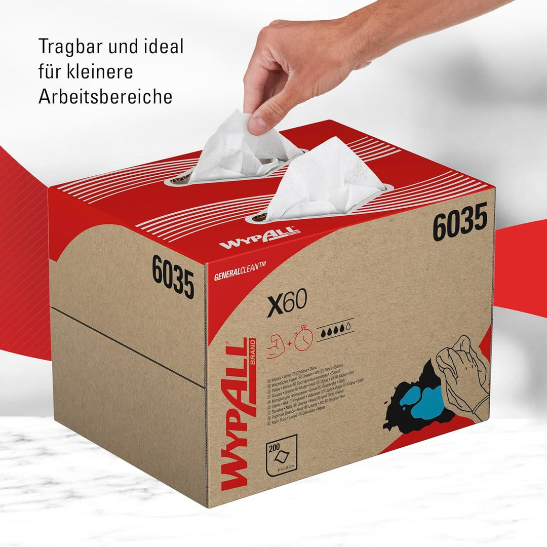 WypAll X60 General Clean-Tücher 6035 – Weisse Tücher – 1 BRAG-Box mit 200 weissen Tüchern 1 Box = 20