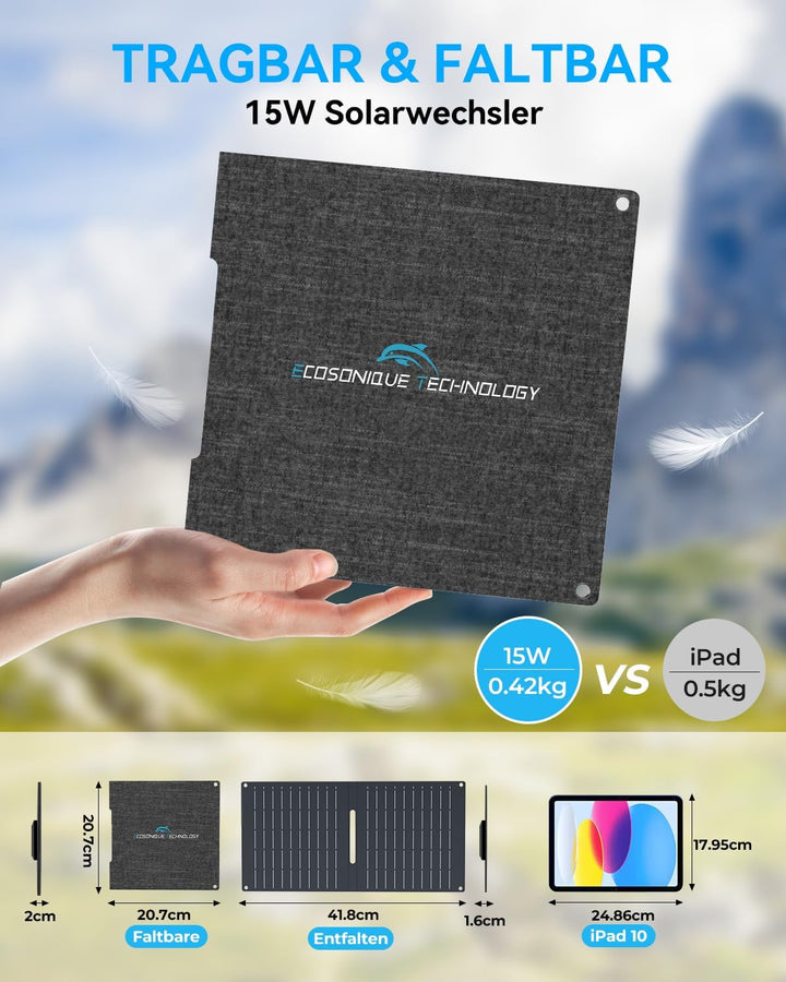 Ecosonique 15W Solar Ladegerät für Handy, IP67 Wasserdicht Faltbar Solarpanel für Handy,mit USB-A/US