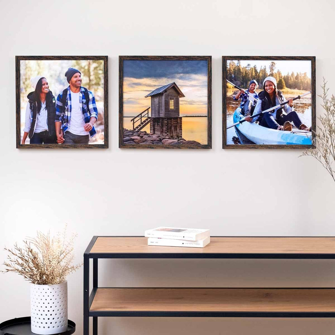 PHOTOLINI Bilderrahmen 30x30 cm MDF-Holz Eiche Dunkel, 3er Set Posterrahmen, bruchsicheres Acrylglas