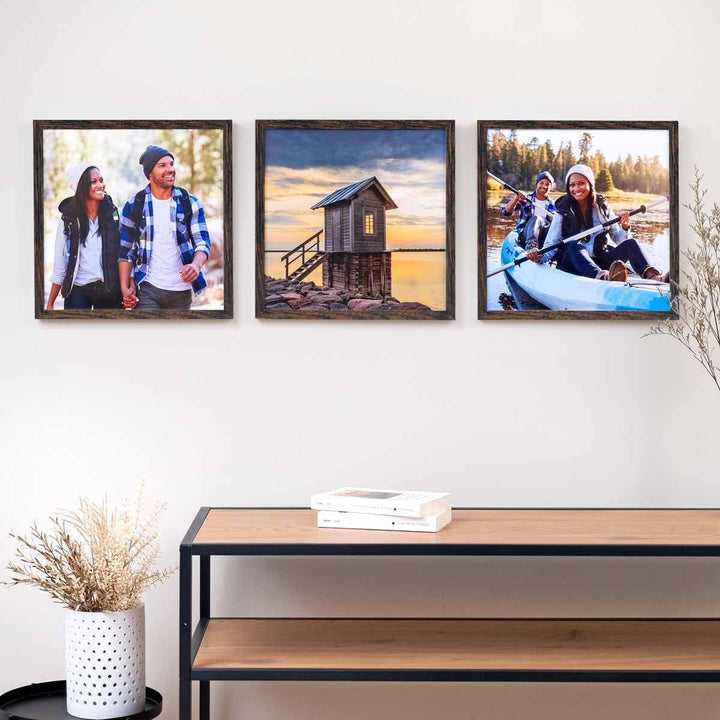 PHOTOLINI Bilderrahmen 30x30 cm MDF-Holz Eiche Dunkel, 3er Set Posterrahmen, bruchsicheres Acrylglas
