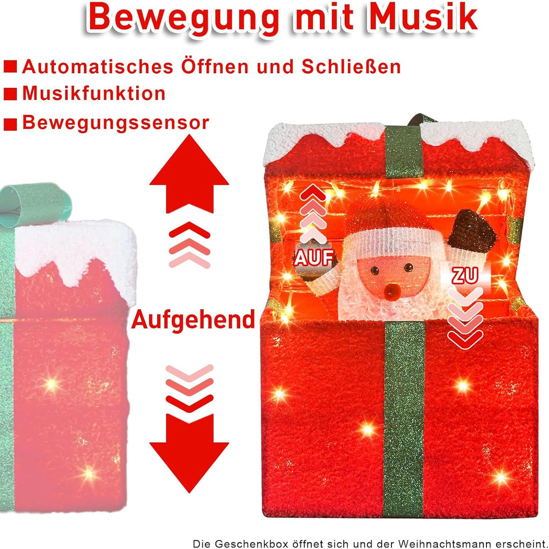 Selbstöffnende Geschenkbox mit Weihnachtsmann Beleuchtete Weihnachtsdeko Outdoor mit Musik & 4 Modi