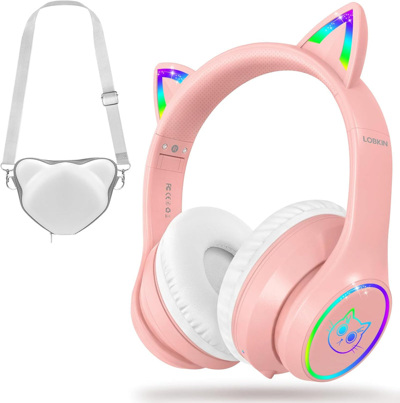 LOBKIN Bluetooth 5.3 Kinder Kopfhörer mit Tasche - RGB LED-licht Katzenohren Faltbare Stereo Headset