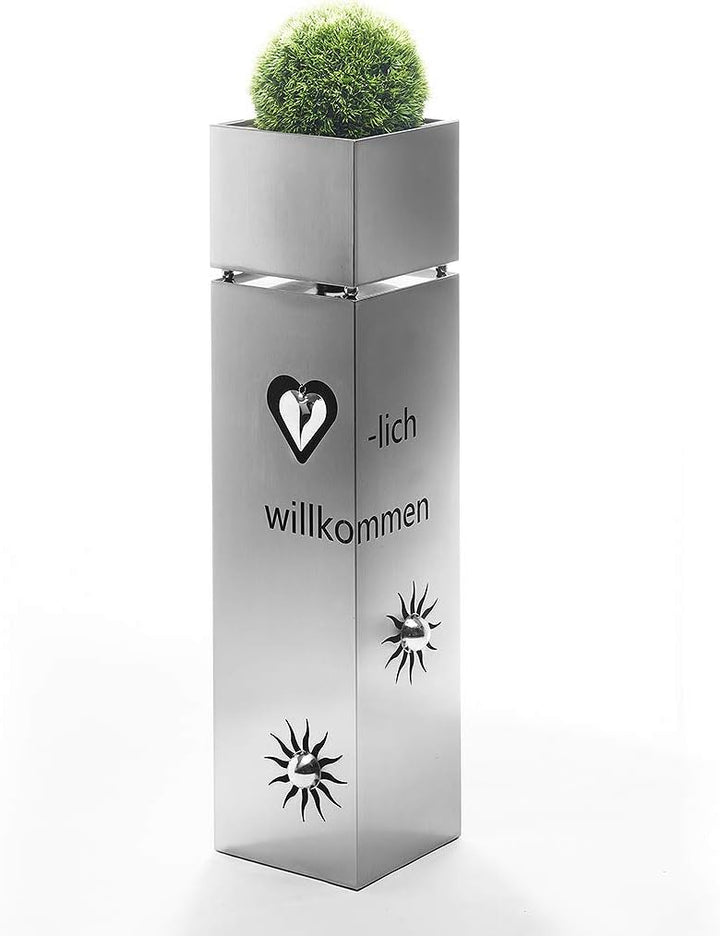 Pflanzsäule Gartensäule Blumensäule Dekosäule mit Schale -Herz- Edelstahl 100 cm Silber, Silber