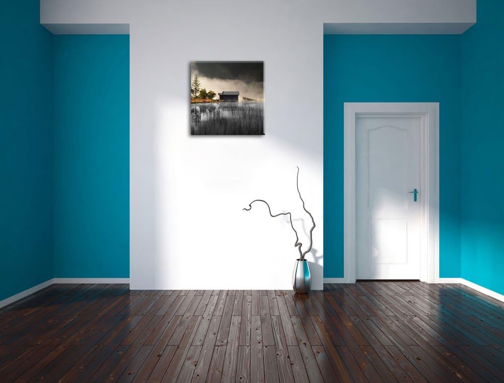 Pixxprint Häuschen am See mit Nebel / 70x70cm Leinwandbild bespannt auf Holzrahmen/Wandbild Kunstdru