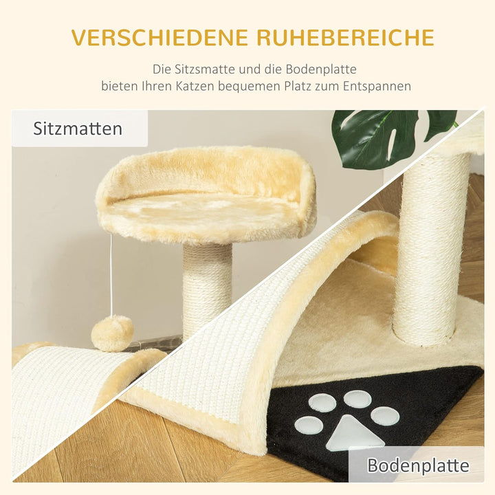 PawHut Kratzbaum mit Spielbällen, Katzenkratzbaum, Sisalseil-Kratzstangen, Beige, 36 x 36 x 44 cm Be