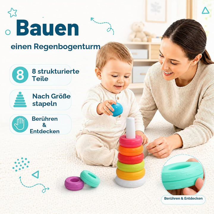 Montessori Stapelturm ab 6 Monate, 3-in-1 Sortier- &amp; Stapelspielzeug | 20 Teile zum Sortieren, Stape