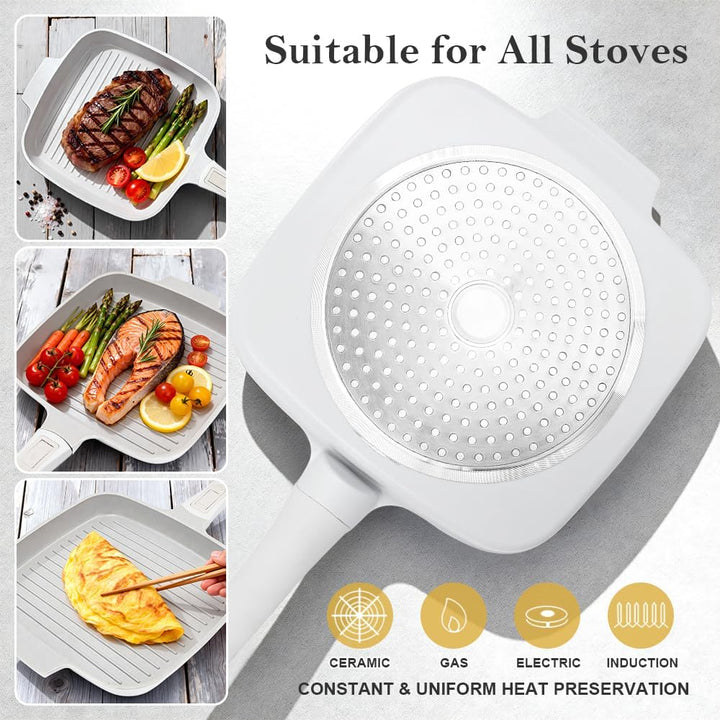 RANX INGST Grillpfanne Induktion 26 x 24 cm mit Deckel, Antihaft Keramikbeschichtung, Grill Pfanne m