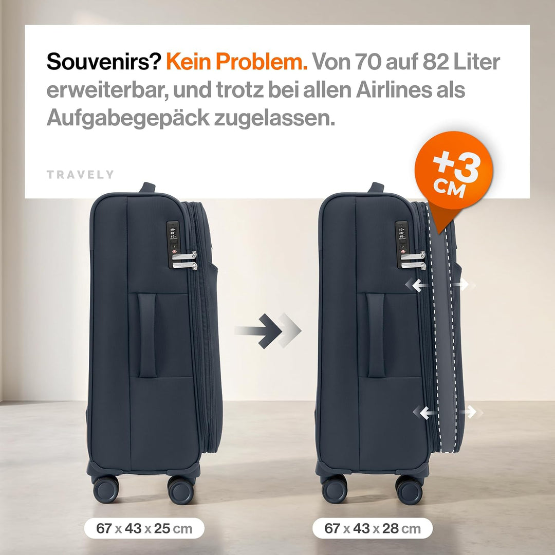 Travely Stoffkoffer L - Koffer mittelgross mit 4 Rollen und TSA Zahlenschloss - weichter Weichschale