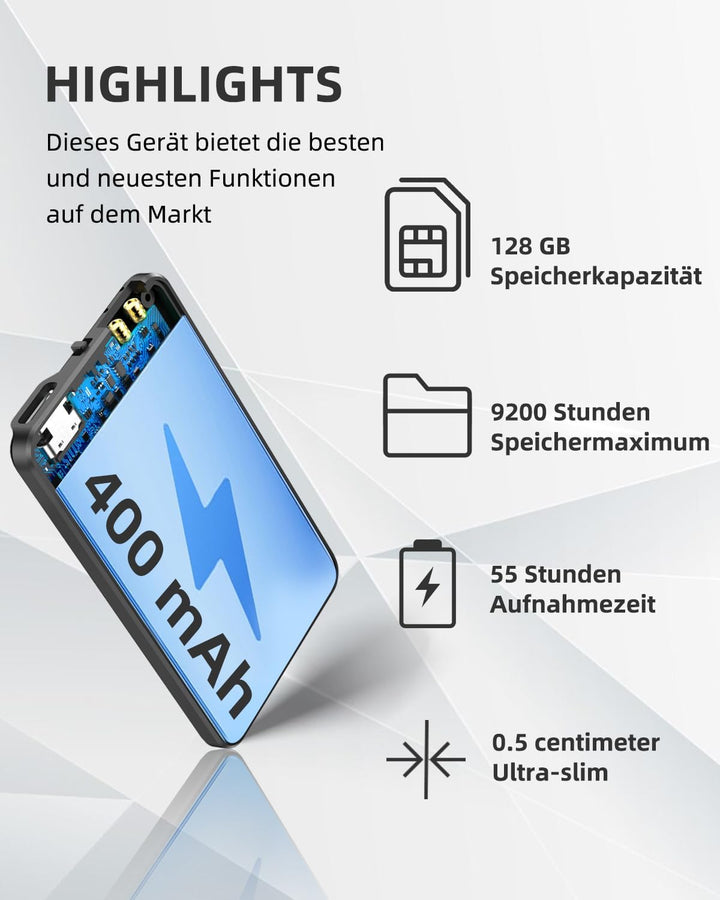 128GB Magnetische Diktiergerät, Audio-Aufnahmegerät mit dreifacher Rauschunterdrückung, Audiorecorde