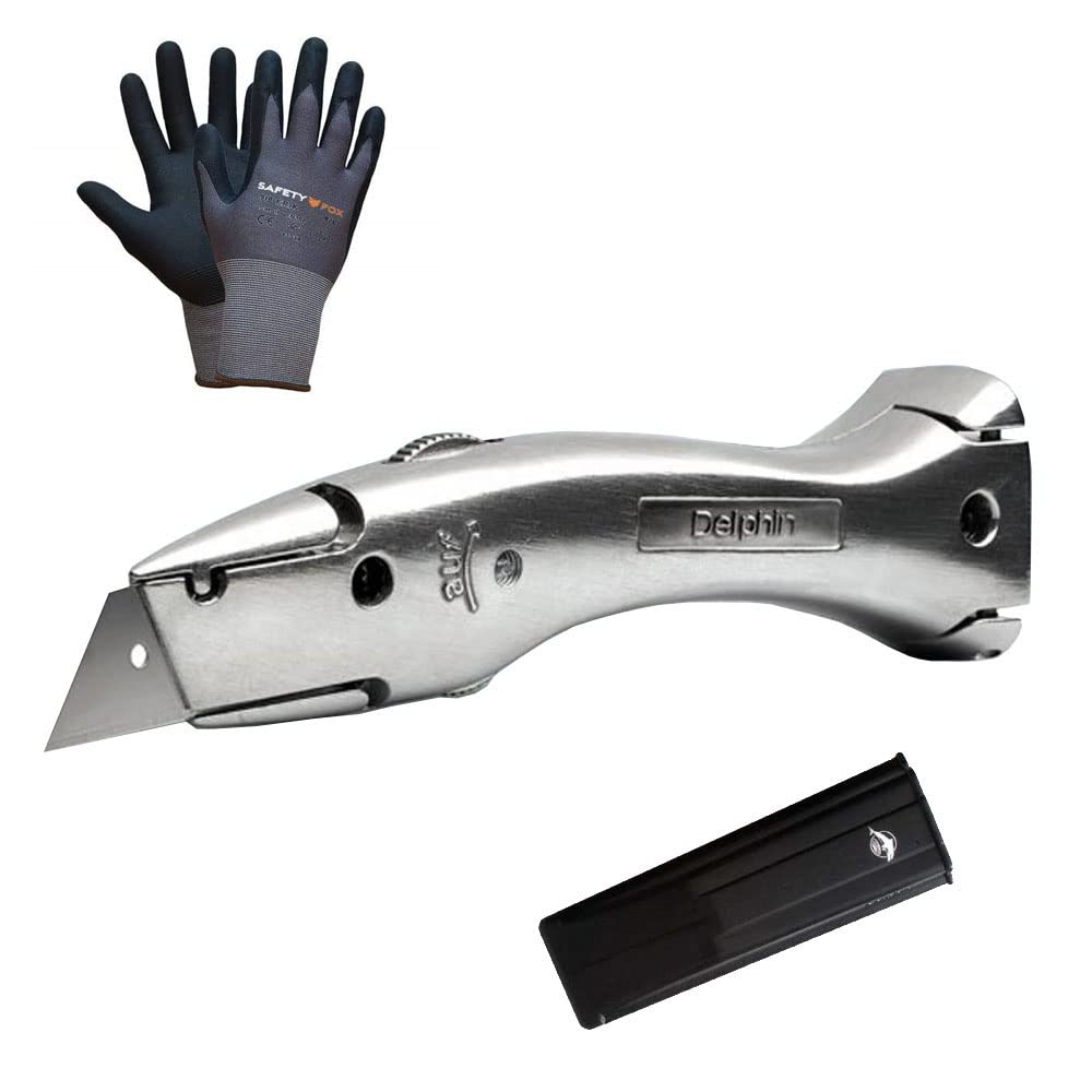 4x Teppichmesser Universalmesser Delphin 03 Das Originial inkl. Köcher + 1 Paar Schutzhandschuh 4 St