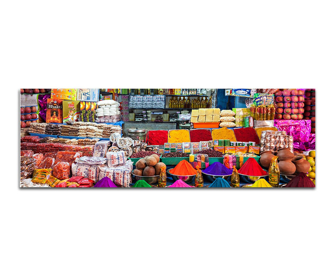 Paul Sinus Art Panoramabild auf Leinwand und Keilrahmen 150x50cm Indien Delhi Marktstand Gewürze bun