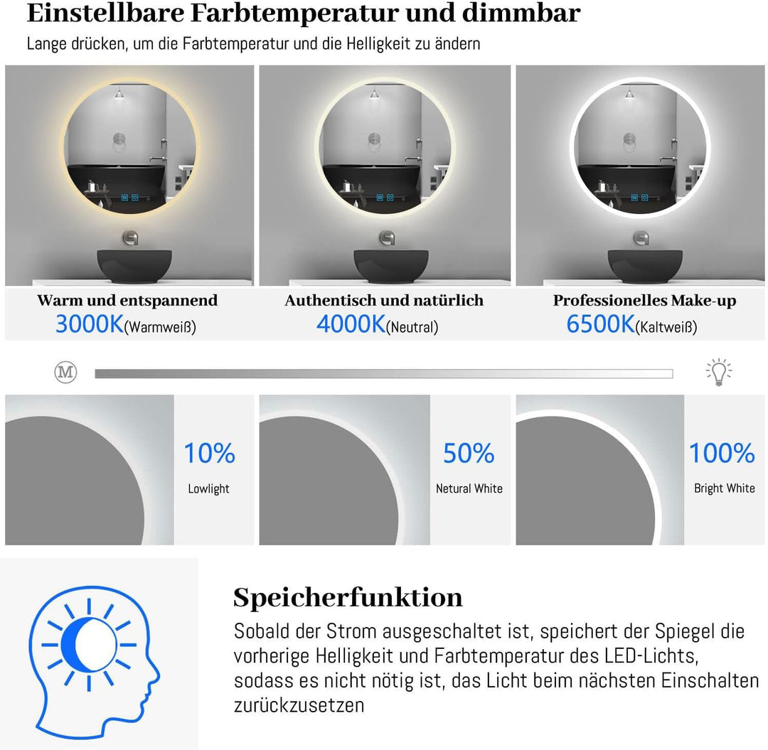 Badspiegel mit Beleuchtung Rund LED Spiegel Bad mit Touch-Schalter Badezimmerspiegel Beleuchtet Kalt