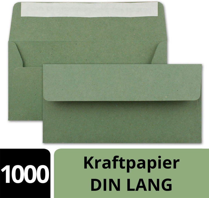 1000x Kraftpapier-Umschläge DIN Lang - Grün - Haftklebung 11 x 22 cm - Brief-Umschläge aus Recycling