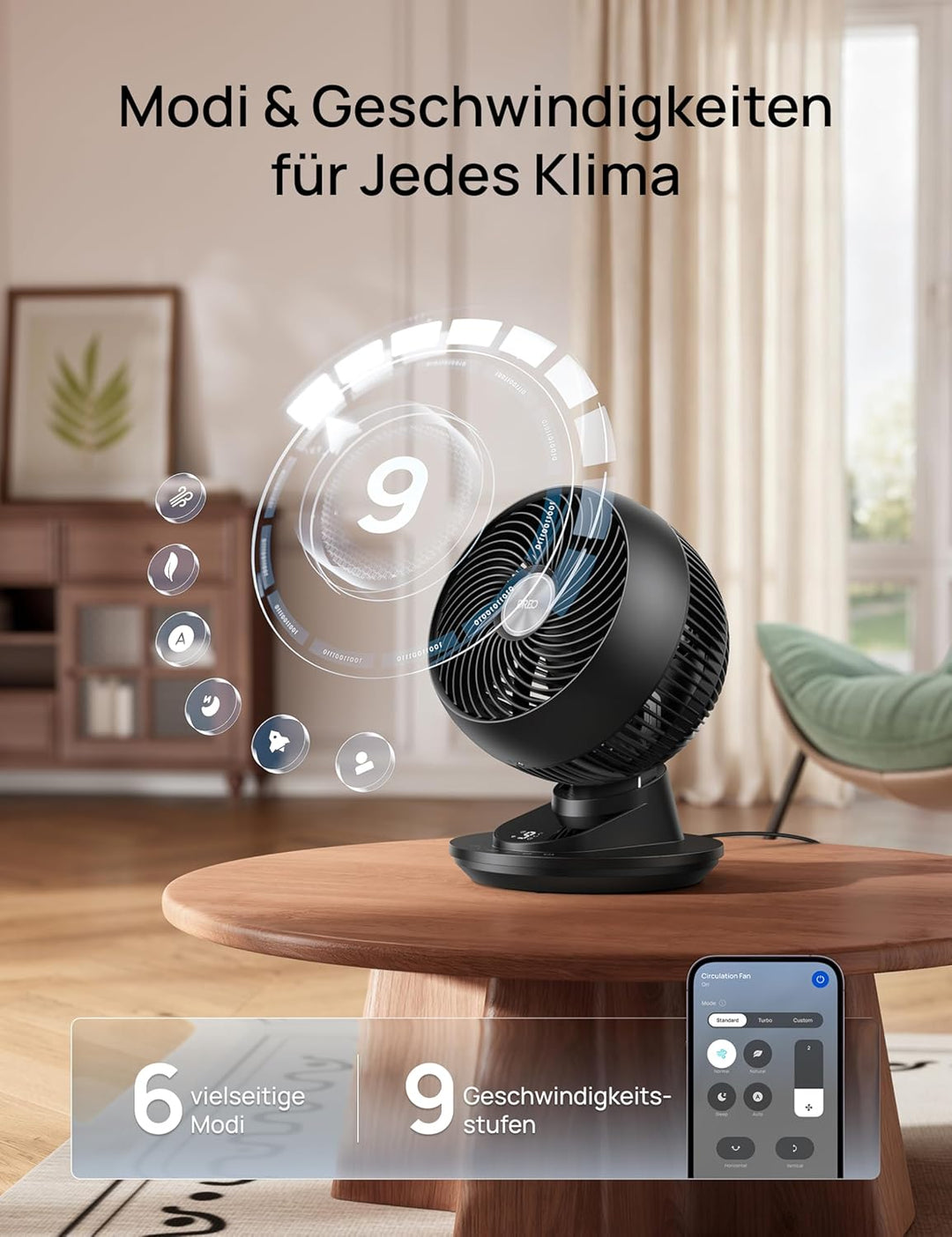 DREO 3D-Oszillierender Tischventilator für Schlafzimmer, 8,8 m/s starker Luftstrom, 22 dB leise, 90°