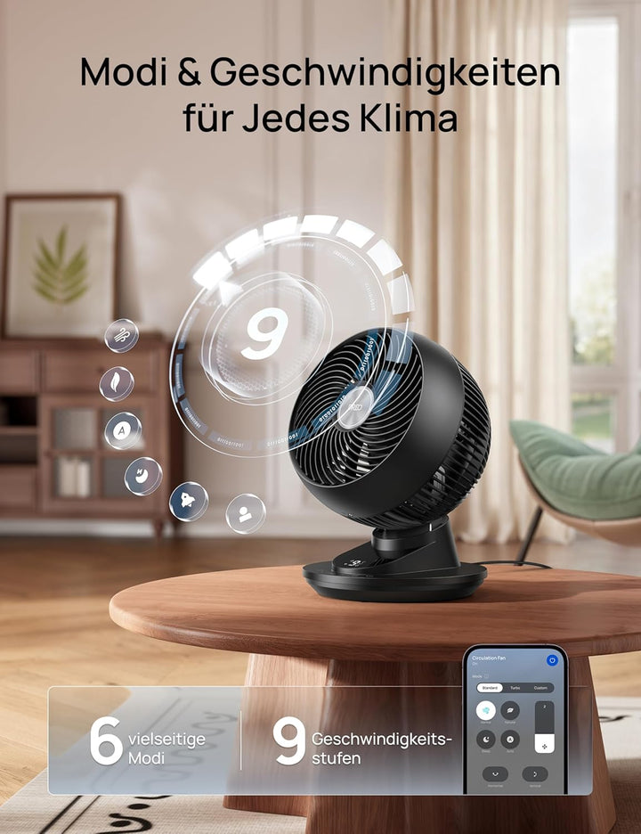 DREO 3D-Oszillierender Tischventilator für Schlafzimmer, 8,8 m/s starker Luftstrom, 22 dB leise, 90°