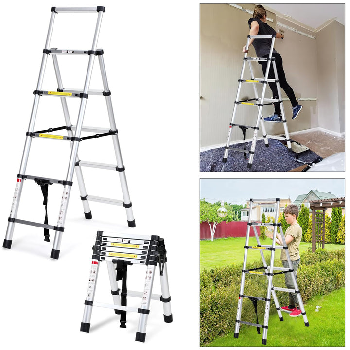 Eulenke Teleskopleiter 1.4m+1.7m Aluminium Trittleiter 4+5 Stufen Tragbare rutschfeste Klappleiter,