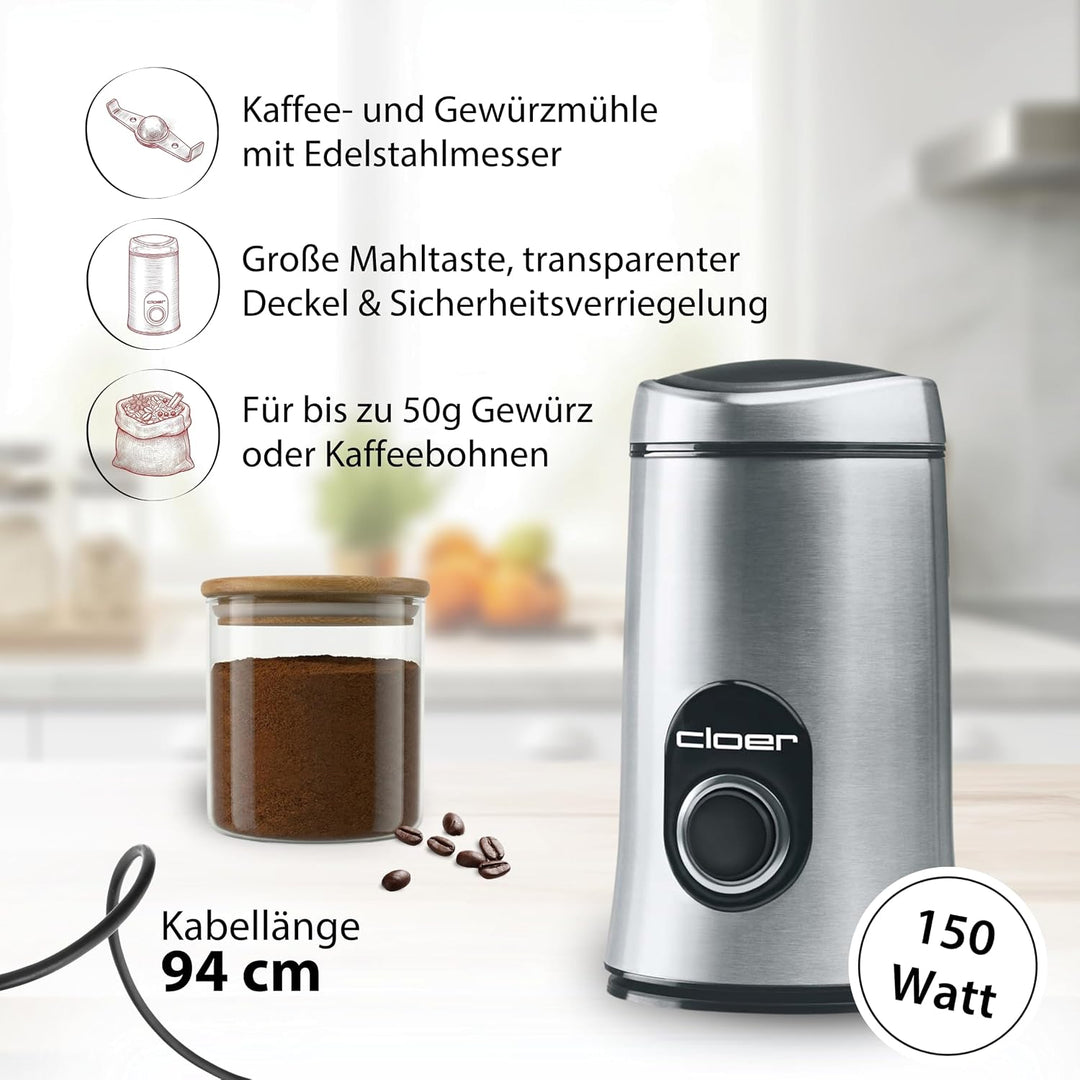 Cloer 7579 Elektrische Kaffeemühle, 150 W, für bis zu 50 g Kaffeebohnen, mattiertes Edelstahlgehäuse