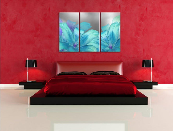 Pixxprint türkise Lilien als Leinwandbild | Grösse: 3 Teilig (120x80) | Wandbild| Kunstdruck | ferti