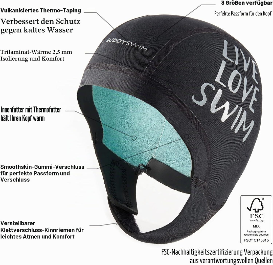 Buddyswim 2,5 mm Dicke Neoprenbadekappe für Freiwasserschwimmen. Kälteisolierende Neoprenmütze mit K