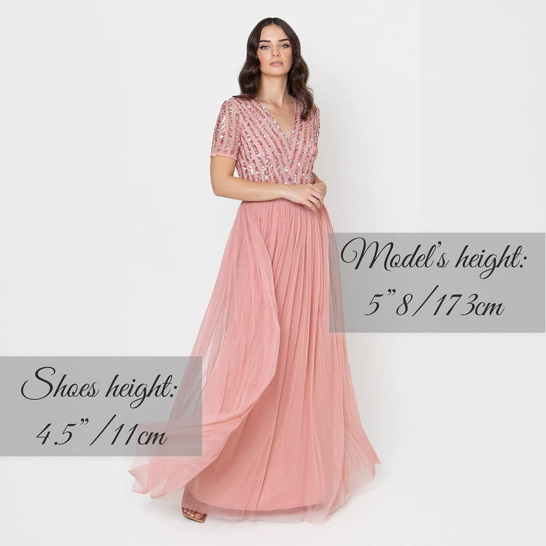 Damen Ballkleid Abendkleid V-Ausschnitt Maxi Länge Pailletten Kurze Ärmel für Hochzeit Geburtstag Br