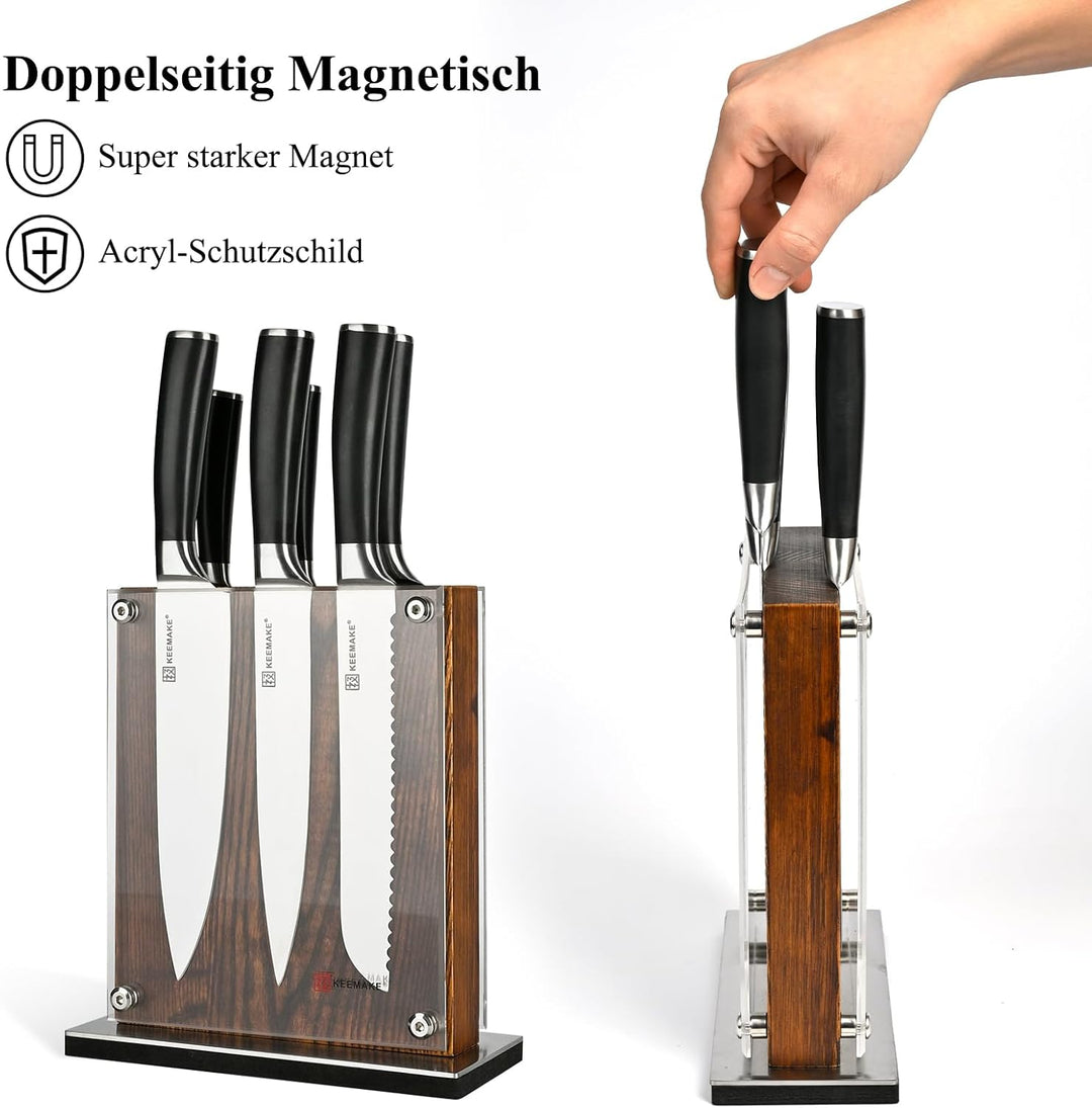 KEEMAKE Messerset mit Messerblock, 7-teilig Küchenmesser Set mit Holzblock, Scharfe Kochmesser aus E