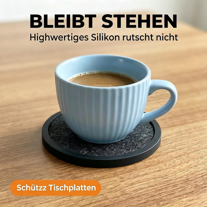 Silikon-Untersetzer Set 6 Stück - rutschfeste Getränkeuntersetzer mit 6 Saugfähigen Filzeinsätzen (S