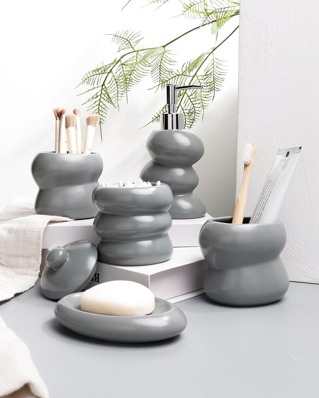 ANTIS'S HOME Keramik Badezimmer Set 5-teilig – Unregelmässige Form, minimalistisches Bad-Accessoires