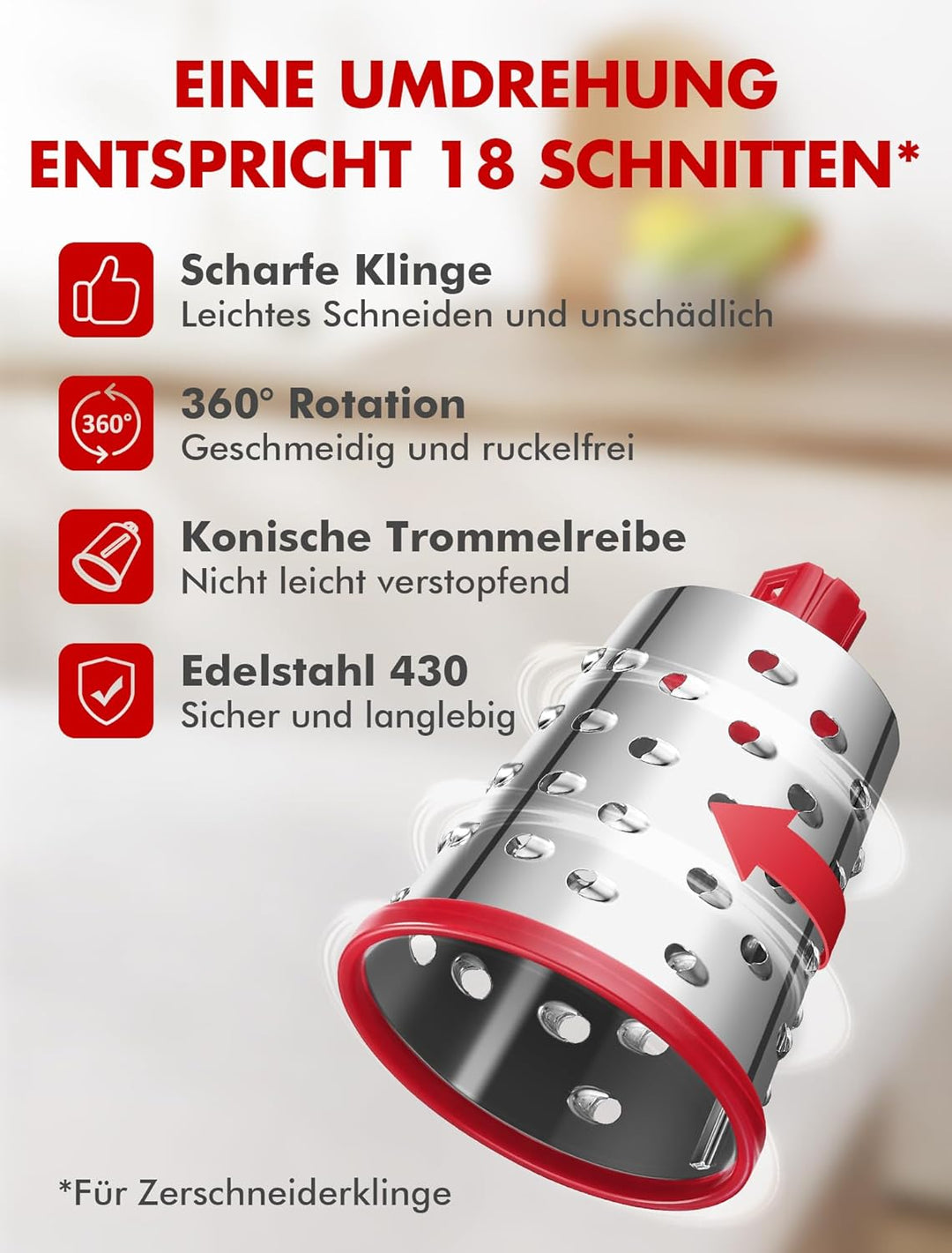 Geedel Käsereibe, Gemüseschneider mit 4 Austauschbare Klingen, Gemüsereibe mit Kurbel, Starkem Saugf