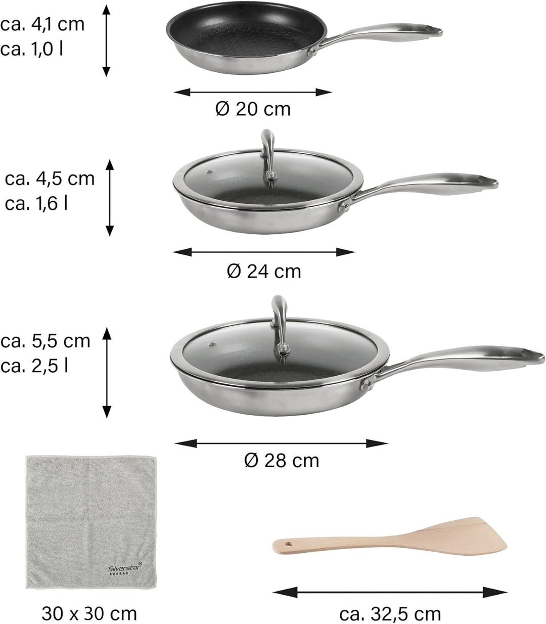Silverstar Edelstahl Pfannen Set 20/24/28 cm mit Deckel 24/28 cm Pfannenwender, Kratzfeste Wabenpfan