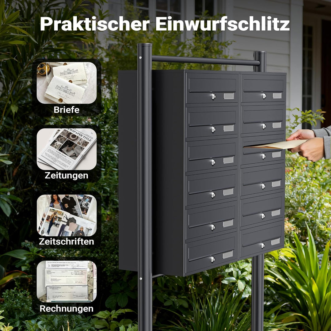 Wiltec 12er Briefkastenanlage Anthrazit 898 x 270 x 1500 mm, Standbriefkasten mit 2x6 Fächern, Schlü