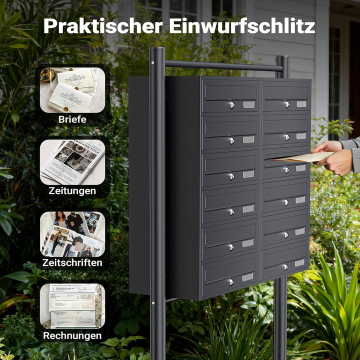 Wiltec 12er Briefkastenanlage Anthrazit 898 x 270 x 1500 mm, Standbriefkasten mit 2x6 Fächern, Schlü