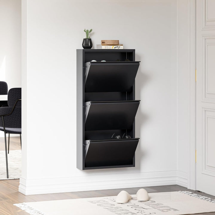 [en.casa] Schuhschrank Sokndal Schuhkipper mit 3 Klappen Metall Schuhkommode für 6 Paar Schuhe 104 x