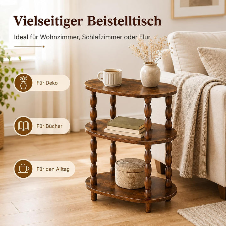 Beistelltisch 3 Ebenen, Oval, Klein, Vintage, Rustikales Braun