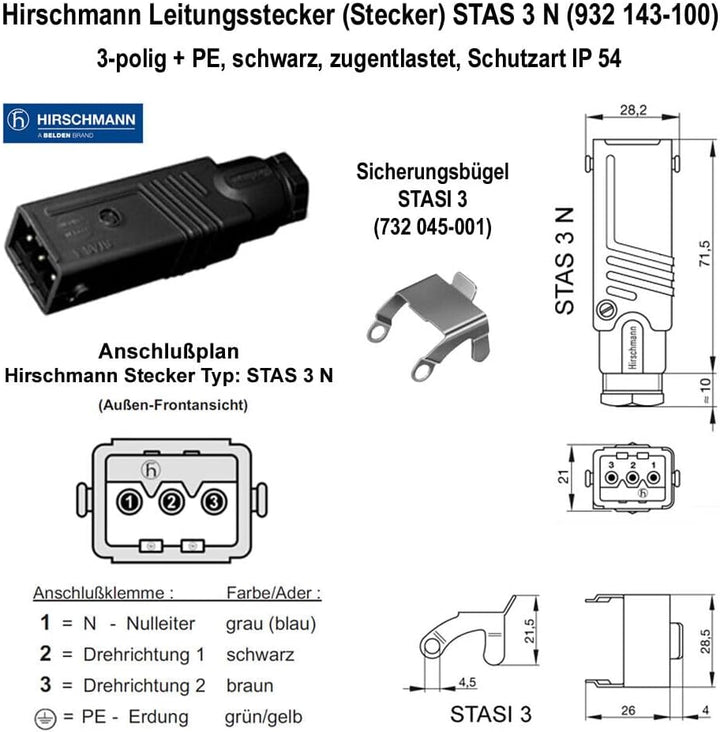 Hirschmann-Kupplung Stecker-Set für Jalousien, Markisen, Rollläden. 230 V. STAS 3 + STAK 3 + Stasi 3