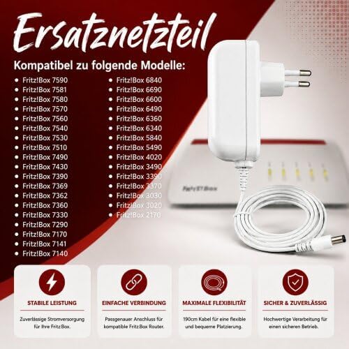 Ersatz Netzteil 12V 2.5A Weiss 1.80 Meter für Fritz!Box 7581