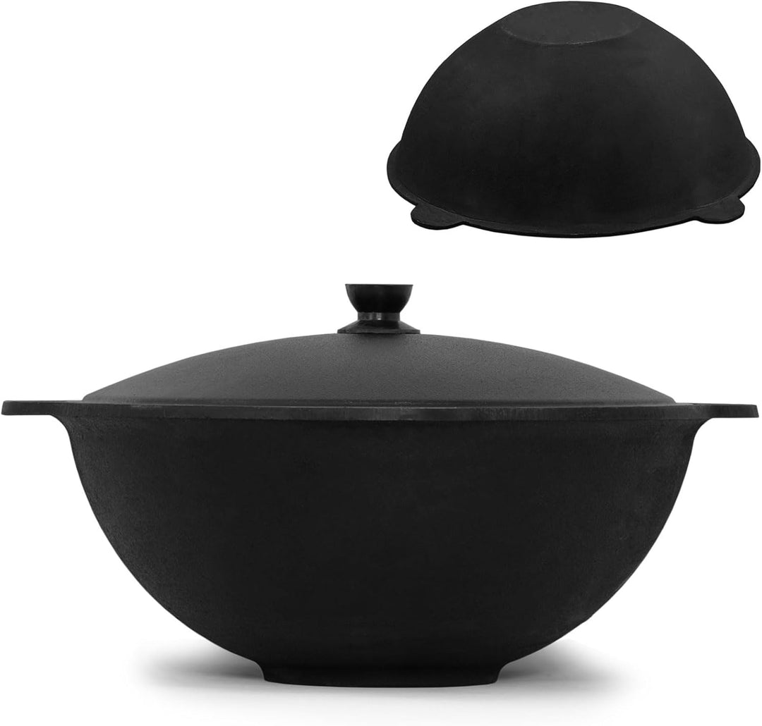 4BIG.fun Kazan aus Gusseisen 12 L mit Aluminium Deckel flacher Boden Usbek Schwenktopf NAMANGAN Kasa