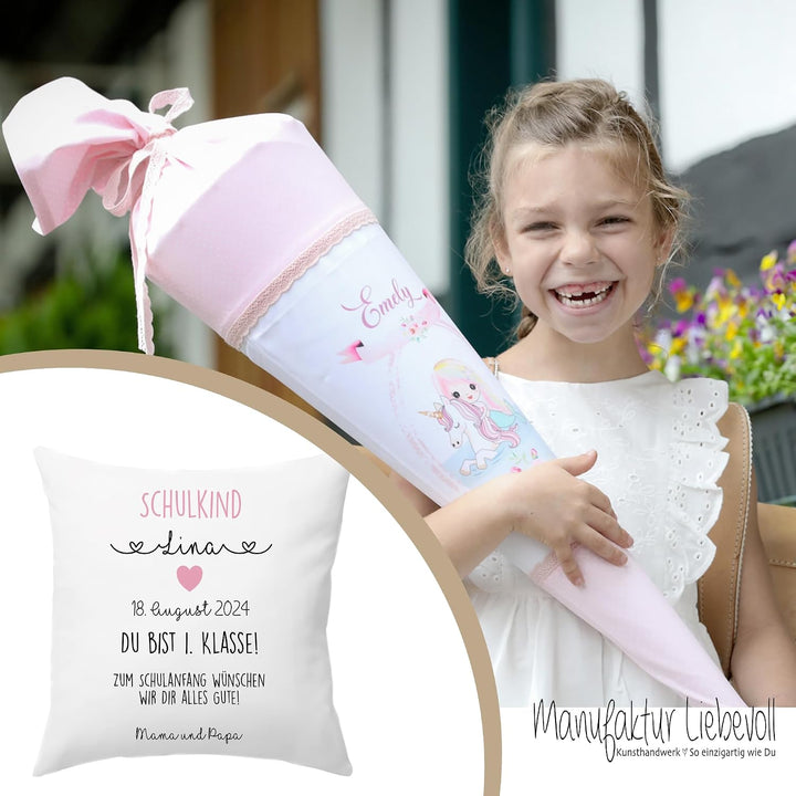 Geschenk zur Einschulung für Schulanfänger - Kissen mit Name und Einschulungsdatum des Erstklässlers