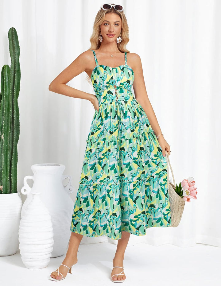 GRACE KARIN Damen Sommerkleid A-Linie Blumenkleid Casual Strandkleid Trägerkleid Midi Boho Kleid Fre