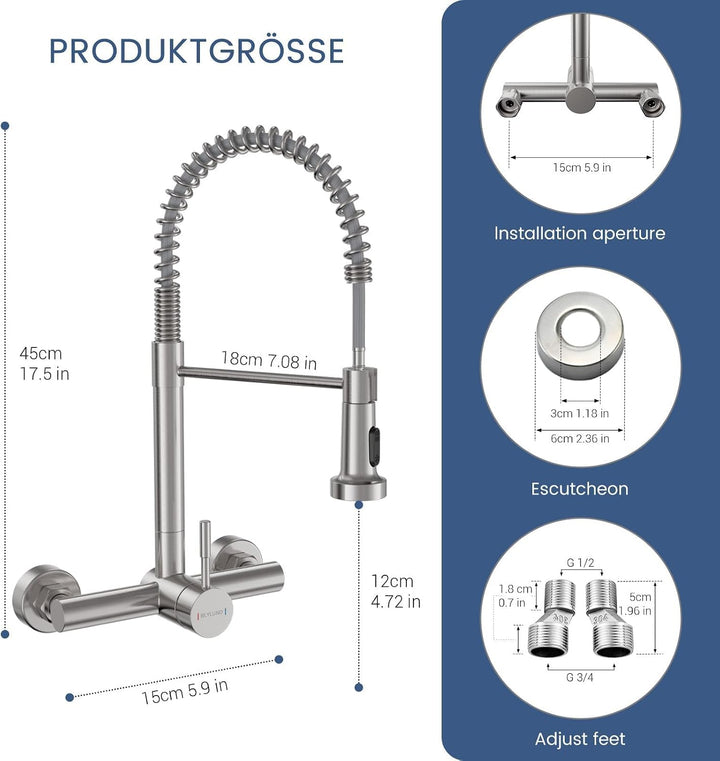 wasserhahn küche wandmontage mit ausziehbarem Sprühkopf, Hoch Gebogen Wandarmatur mit 2 Strahlarten
