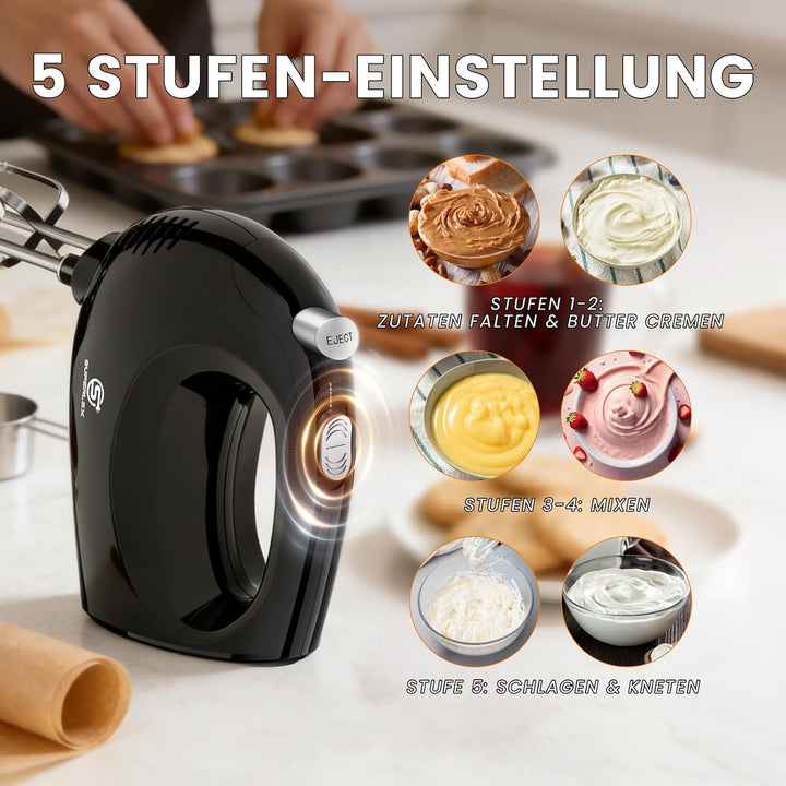 Handmixer 250W Handrührgerät 5 Geschwindigkeiten Mit 2 Edelstahl Rührbesen Ergonomischer Griff Ein K