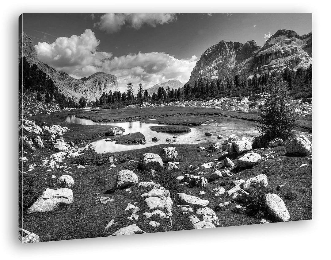 Fluss in den Bergen Format: 80x60 Effekt: Schwarz&Weiss als Leinwandbild, Motiv fertig gerahmt auf E