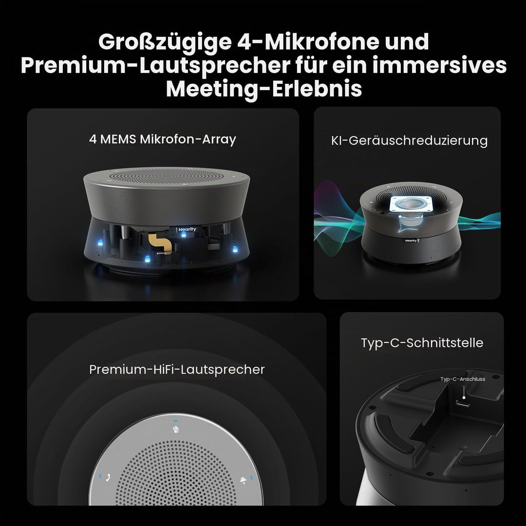 NEARITY A11 Konferenzlautsprecher, 4 Mikrofonen USB Freisprecheinrichtung AI Noise Cancelling 13ft A