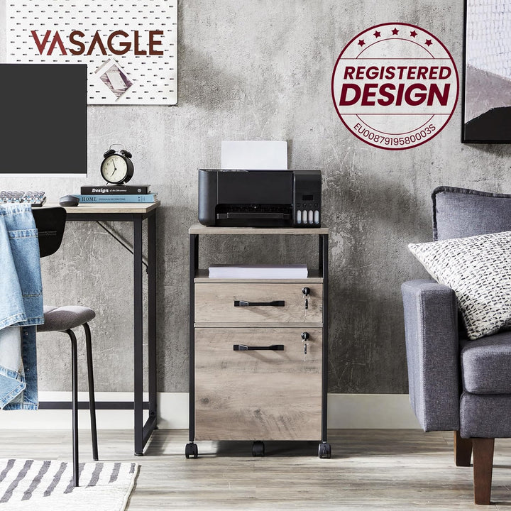 VASAGLE Hierarchivschränke, Büro-Schrank mit 2 abschliessbaren Schubladen, Rädern, offenem Regal, fü