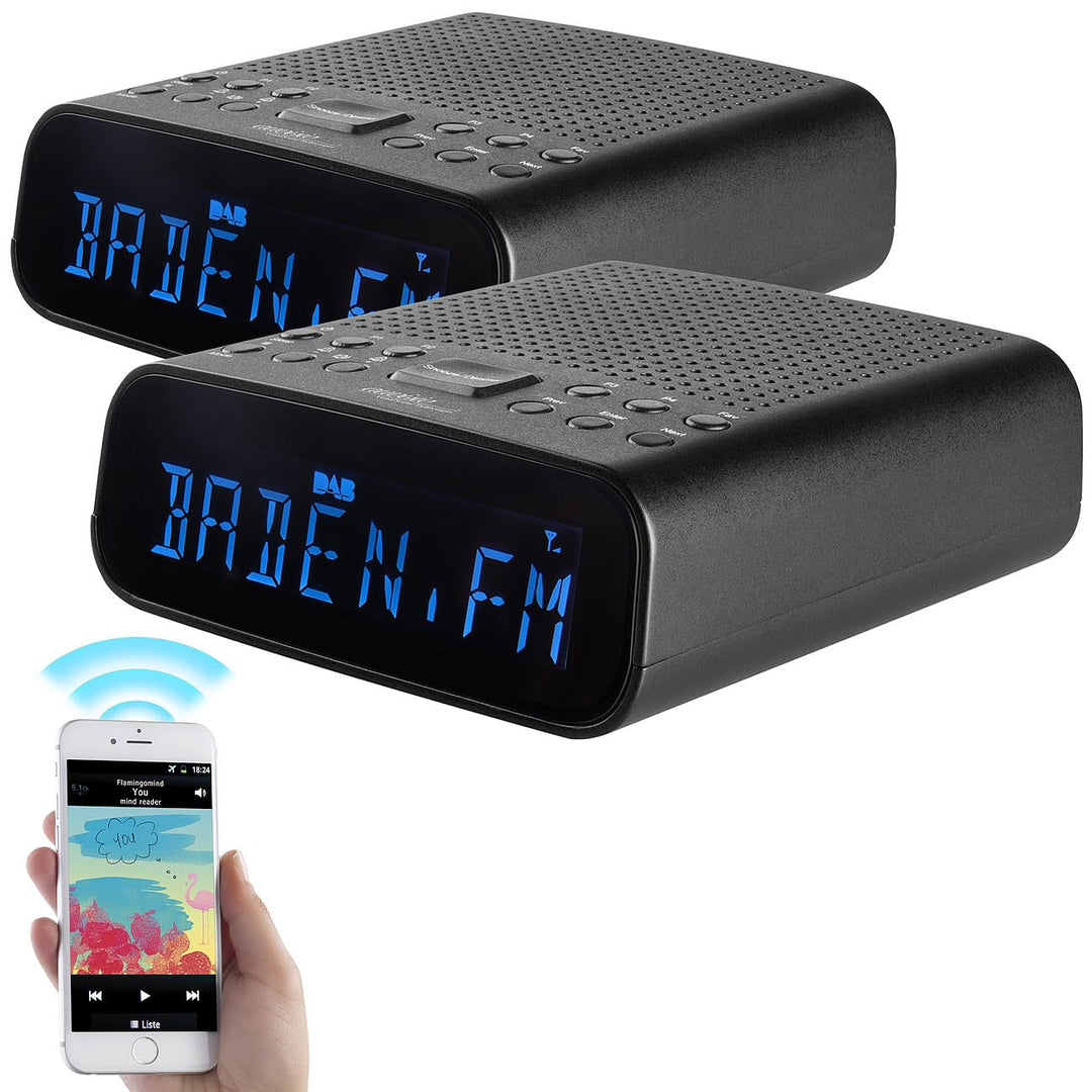 auvisio FM-Radiowecker: 2er-Set DAB+-Radiowecker, VA-Display, BT, 2 Weckzeiten, USB-Ladeport (für Sc