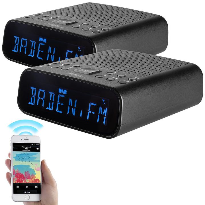 auvisio FM-Radiowecker: 2er-Set DAB+-Radiowecker, VA-Display, BT, 2 Weckzeiten, USB-Ladeport (für Sc